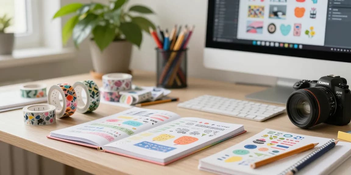 Designer creating custom washi tape in a vibrant workspace filled with colourful designs and natural light.