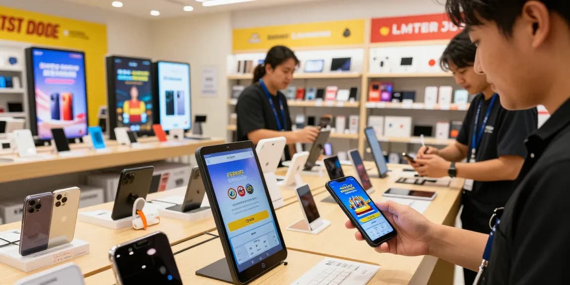 Customer exploring slot jepang gaming gadgets in a vibrant retail store