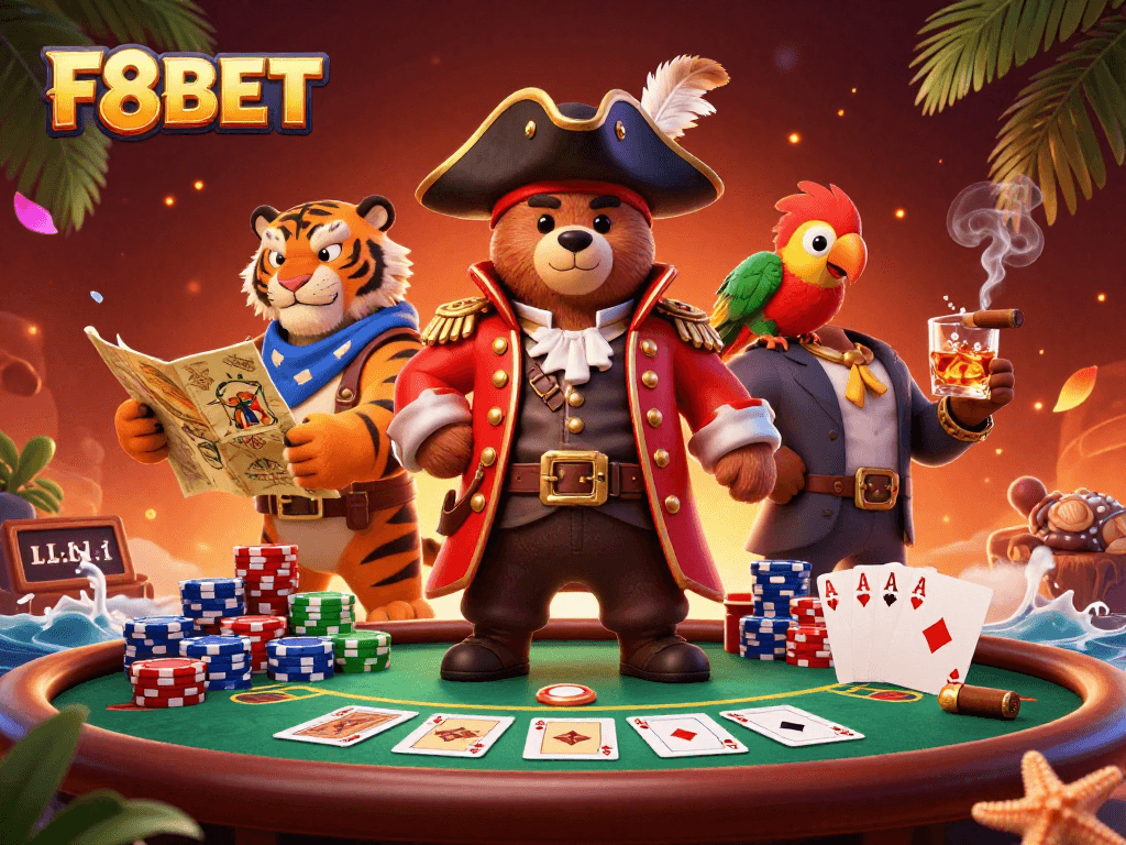 Experience thrilling gaming action with F8BET at a vibrant poker scene featuring a pirate bear, tiger, and parrot.
