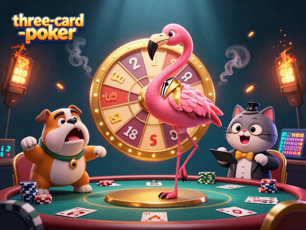Play three-card-poker with vibrant characters celebrating wins at a dynamic casino scene.