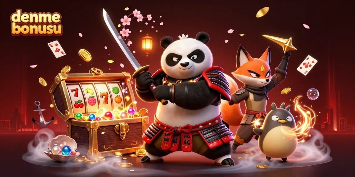 Engaging deneme bonusu scene with samurai panda and ninja fox amid a vibrant casino atmosphere