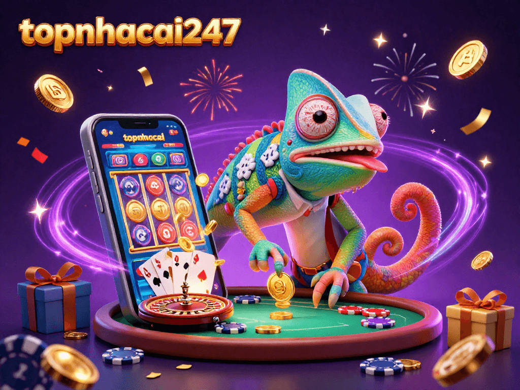 Experience exciting gameplay at topnhacai247 with a colorful chameleon casino scene, bursting with winning symbols.