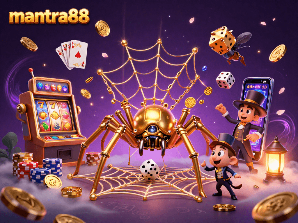 Experience the thrill of wins at mantra88 with golden spiders and vibrant slot reels in a magical casino setting.