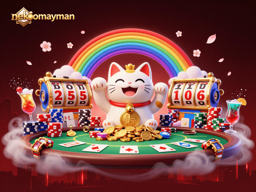 Spin the reels with Neko May Man, the lucky cat surrounded by vibrant casino elements.