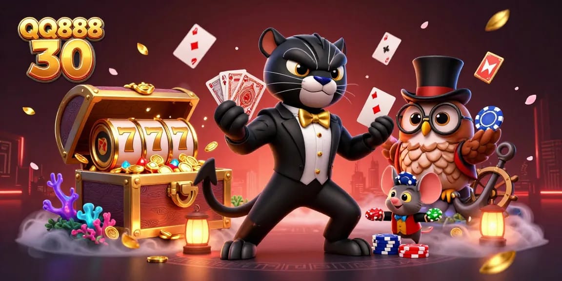 Experience excitement with QQ888 30 as a stylish panther deals cards surrounded by vibrant casino elements.