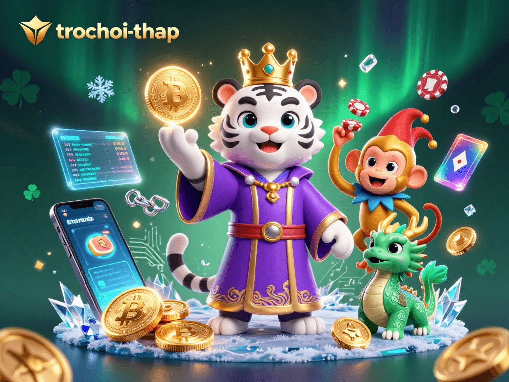 Gamble smartly in trochoi-thap with playful characters and vibrant casino elements.