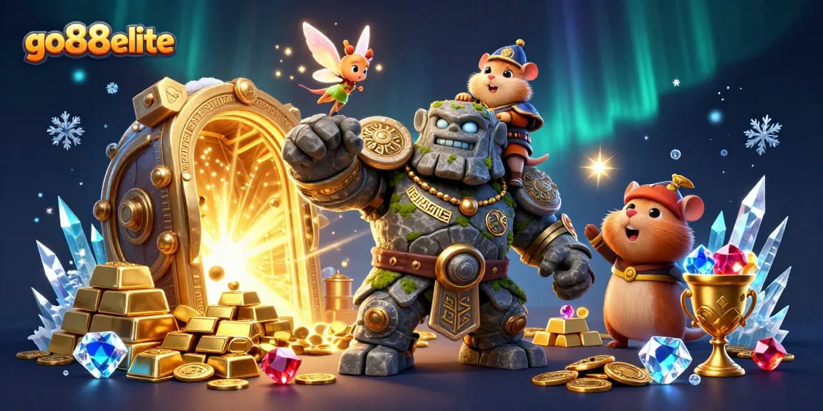 Experience the magic of go88elite with a lively casino-themed illustration featuring a golem guardian and fairy.