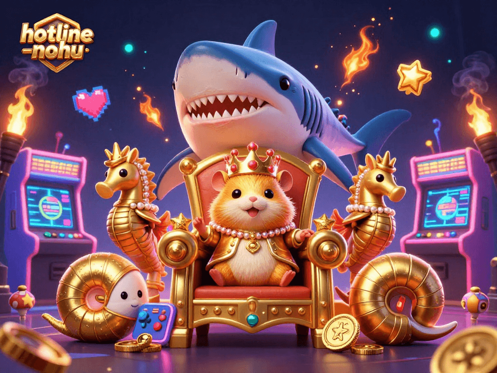 Engage with hotline-nohu's thrilling gaming world, featuring a golden hamster king amidst vibrant casino elements.