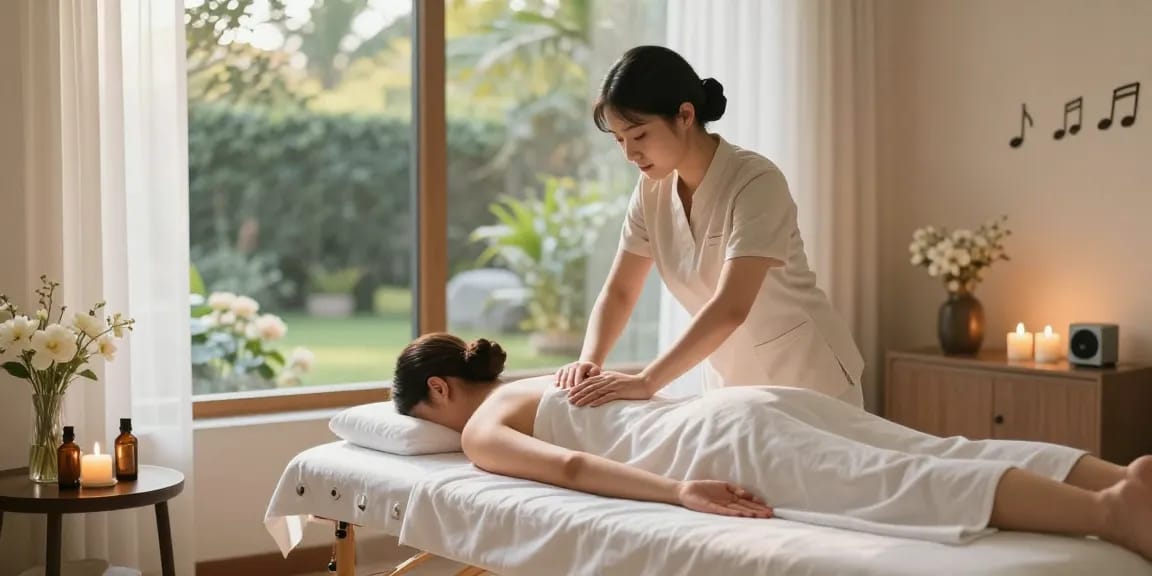 스웨디시 마사지가 진행되는 아늑한 치료실의 모습