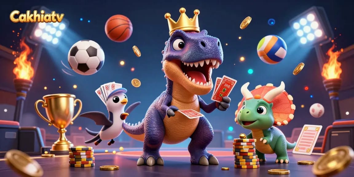 Cakhiatv showcases a lively scene with a T-Rex shuffling cards as sports balls soar around, embodying the excitement of sports betting.