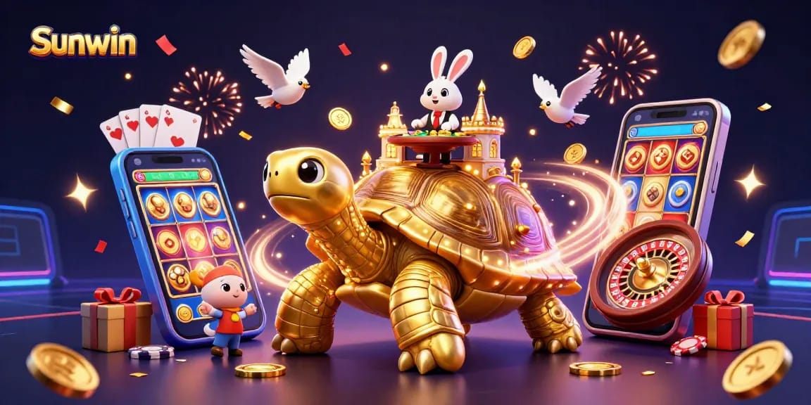 Sunwin's engaging casino experience with a golden tortoise, rabbit dealer, and dynamic game elements.