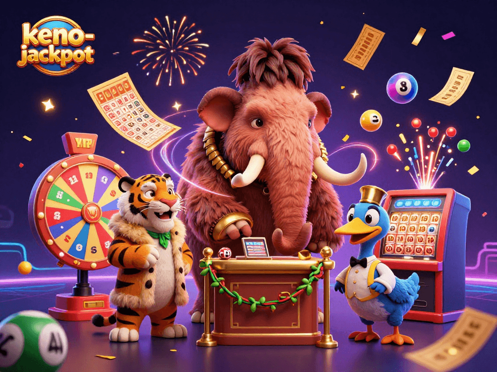 Join the action at keno-jackpot with vibrant characters, lottery elements, and a festive casino atmosphere.