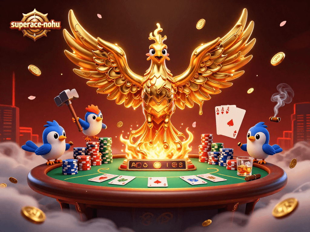 Experience the thrill of superace-nohu with golden phoenix and poker elements in an exhilarating 3D scene.