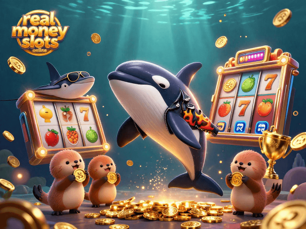 Play real money slots online with vibrant characters in a dynamic casino scene.