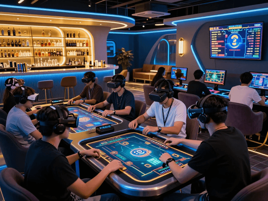 Crypto casino gamers enjoying immersive digital experiences with neon lights.