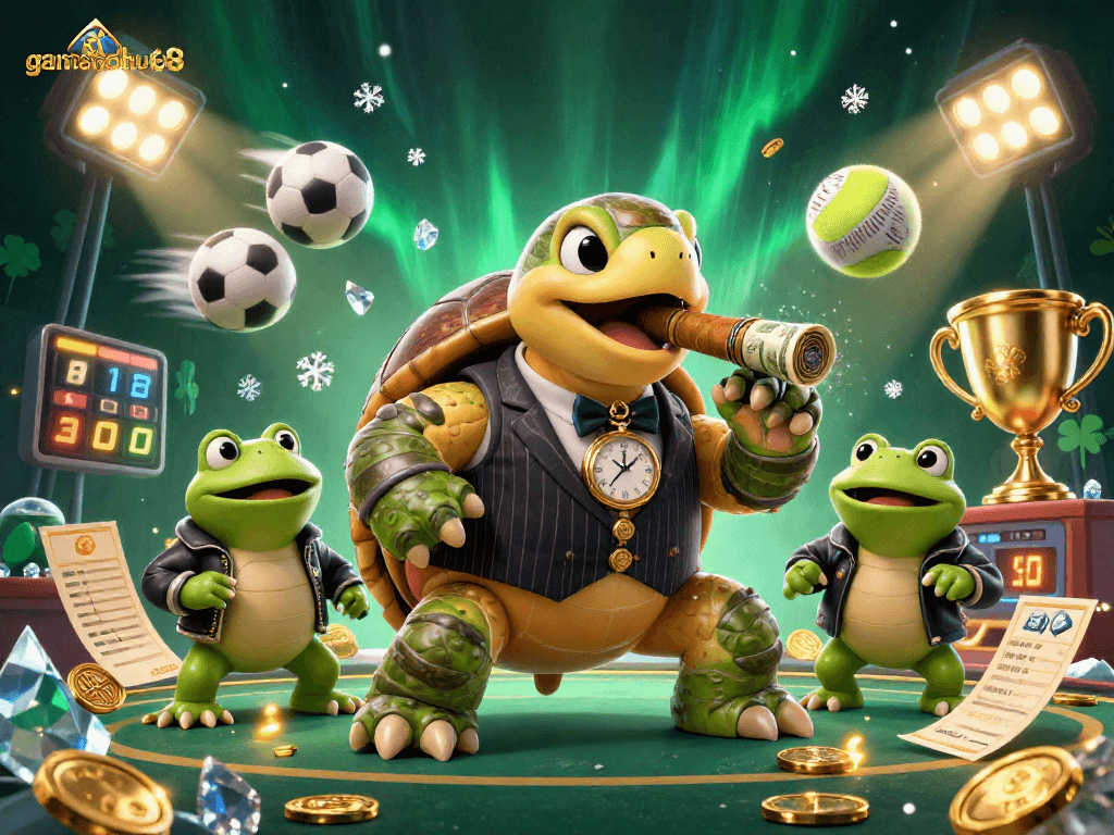 Experience thrilling gameplay at gamenohu68 with a lively scene of casino characters and sports action.