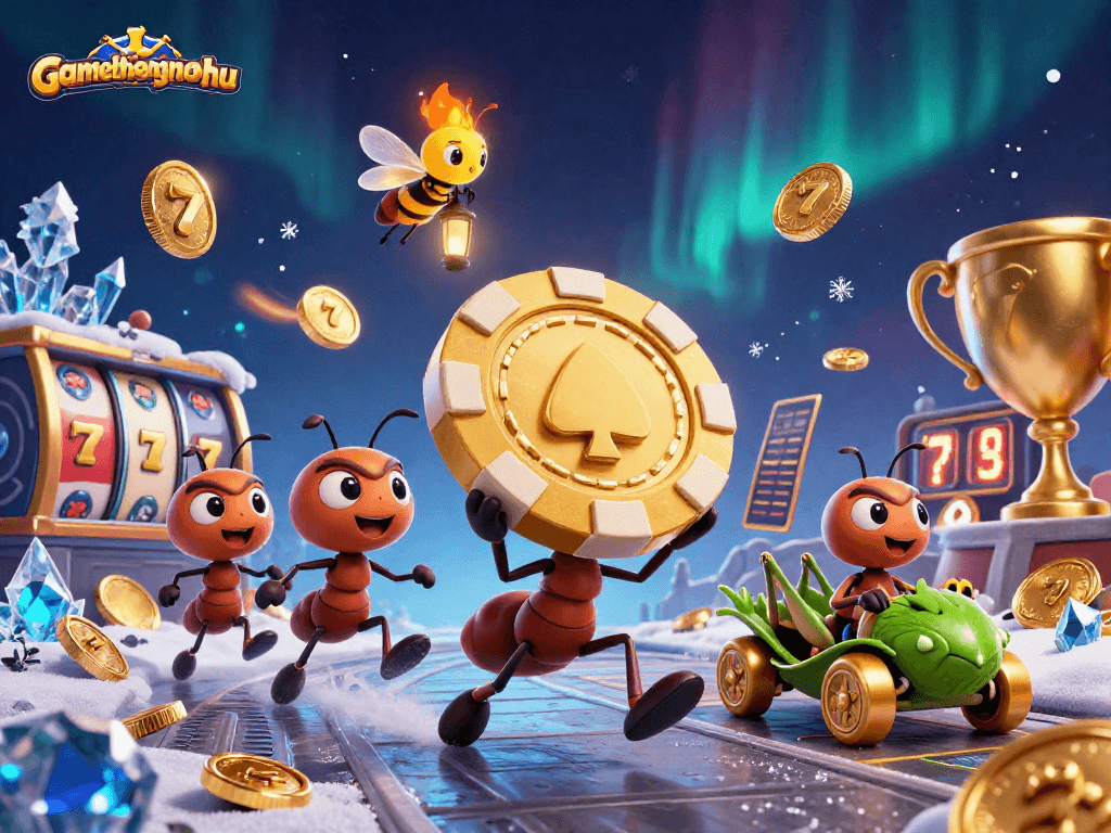 gamethuongnohu showcases a thrilling heist scene with ants and casino elements in a vibrant 3D illustration