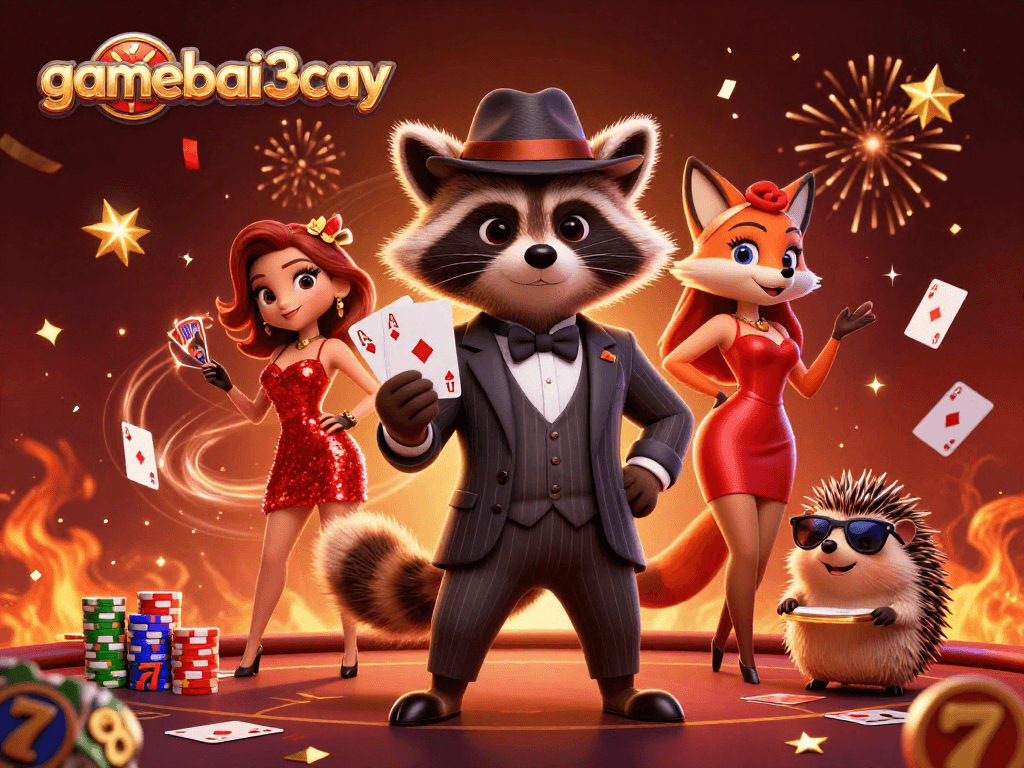 Engage with gamebai3cay while enjoying a lively casino scene with charismatic characters and vibrant elements.