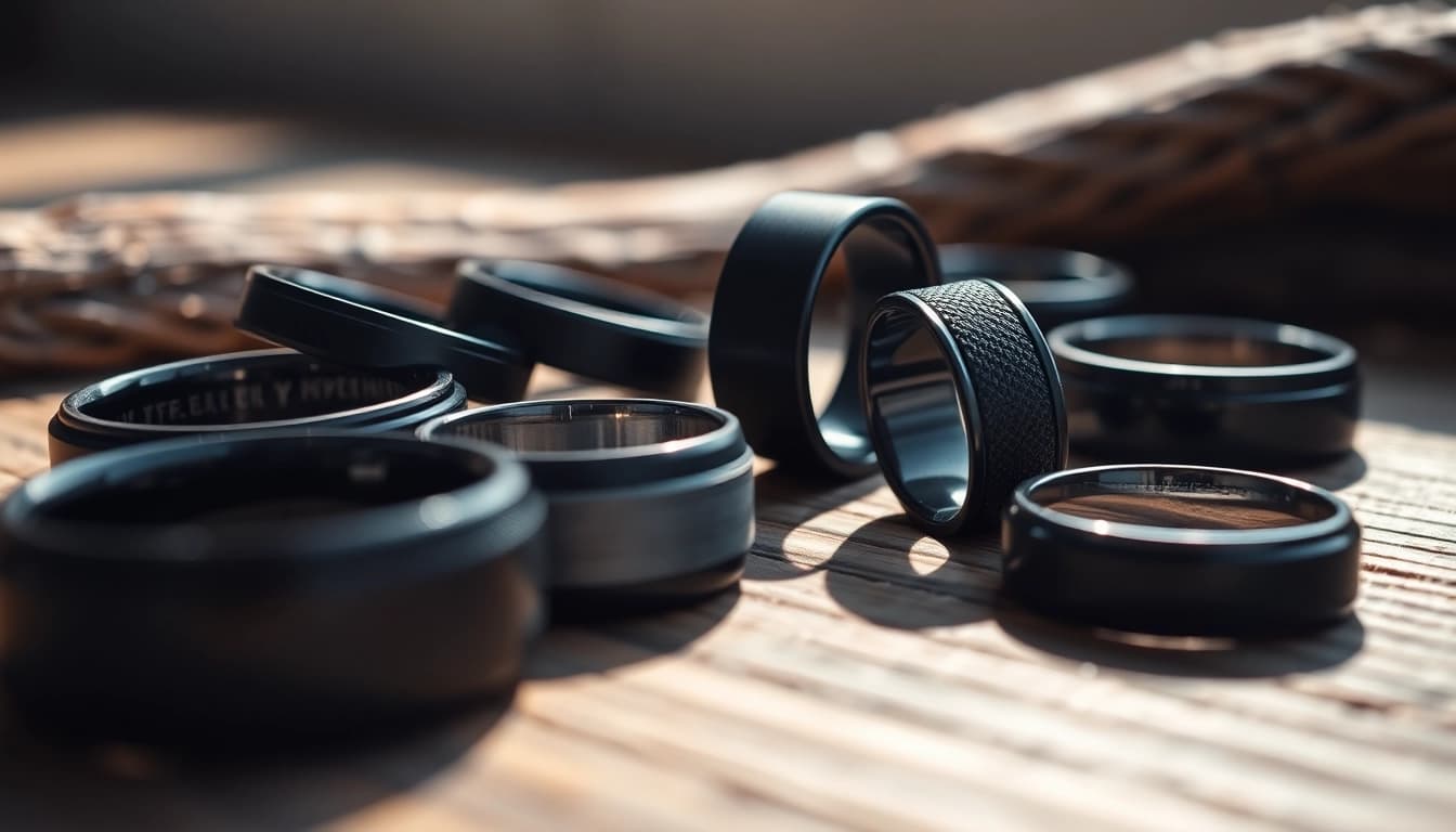 Discover exquisite Black Wedding Rings for Men, showcasing unique designs and finishes.