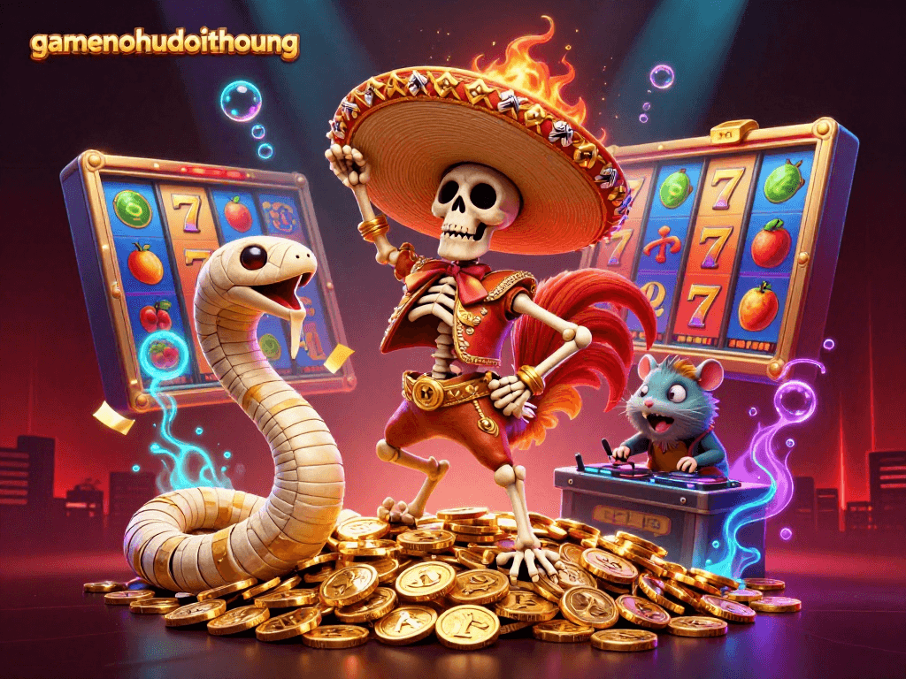 Experience thrilling gameplay at gamenohudoithuong with vibrant slot reels, golden coins, and dynamic characters.