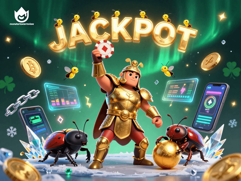 Engage in thrilling gameplay with monstertowerreview as fiery fireflies spell JACKPOT amidst 3D characters and crypto elements.