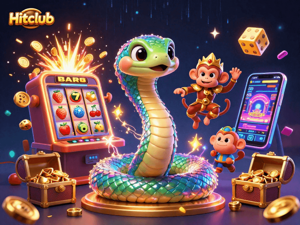 Hitclub brings excitement with a vibrant 3D illustration featuring a jackpot explosion and lively characters.