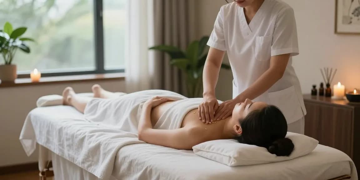 마사지 치료 중인 고객과 치료사, 편안한 분위기의 마사지실