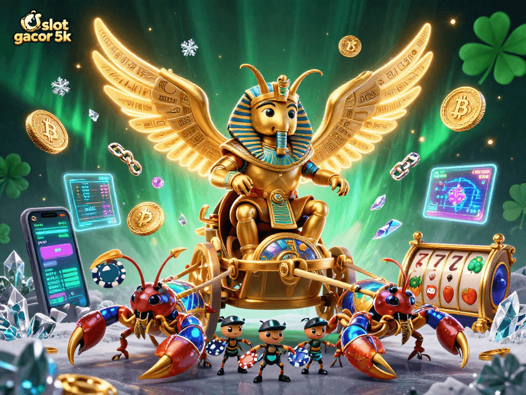 Engage with slot gacor 5k in vibrant 3D illustration of a colossal scarab starring in a casino scene.