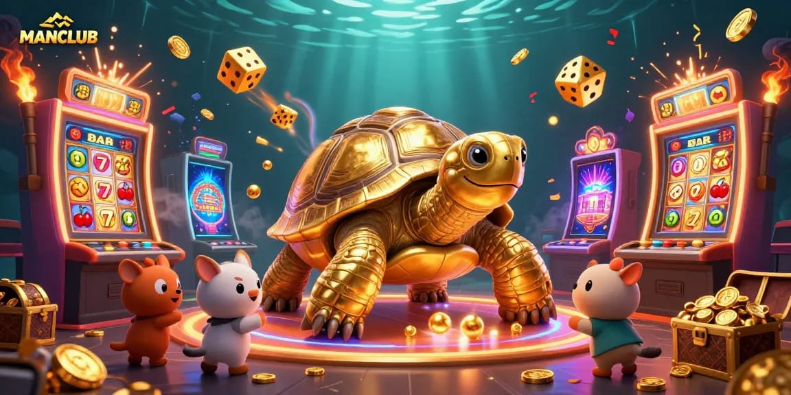 Experience ultimate fun at MANCLUB with a vibrant casino scene featuring a golden tortoise and thrilling game elements.