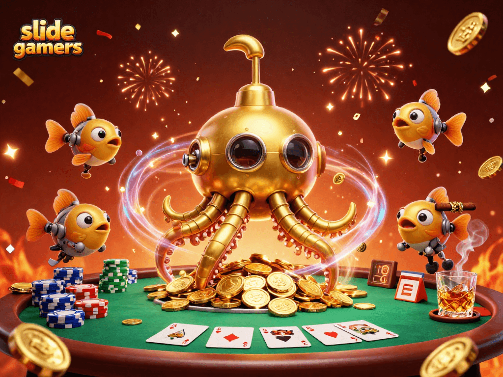 Engage in thrilling gameplay with slidegamers and a golden kraken submarine amidst poker excitement.