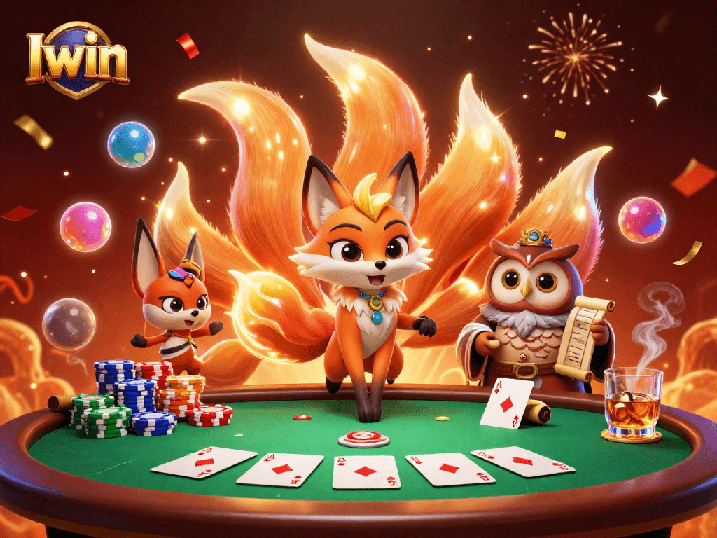 Iwin showcases an exciting poker scene with vibrant characters and casino elements, perfect for gamblers.
