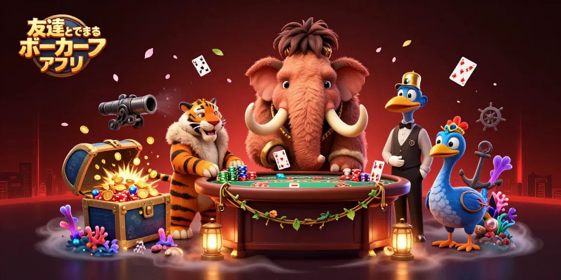 友達とできるポーカーアプリでのキャッシュゲームやボードゲームを楽しむシーン。