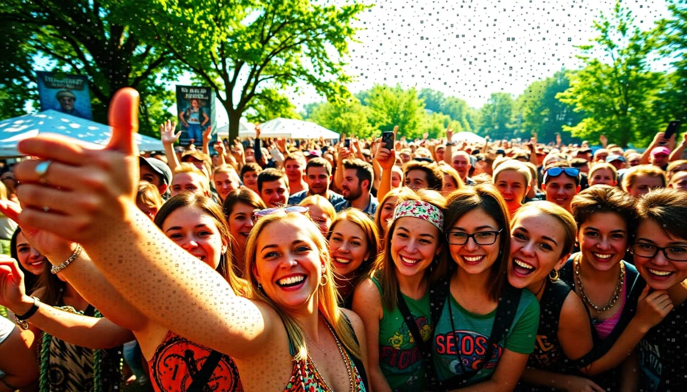 Creating a colorful selfie mosaic that highlights individual moments in a joyful crowd.