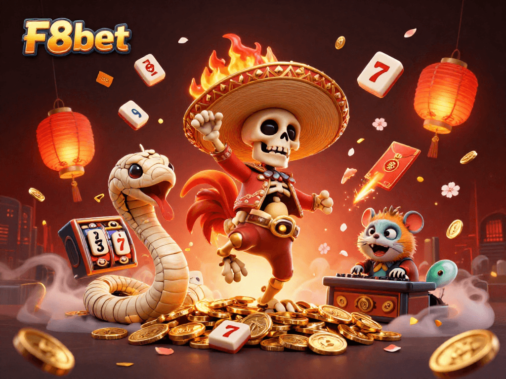 F8bet presents a vibrant 3D illustration of a mariachi rooster dancing on coins, embodying the dynamic online casino experience.