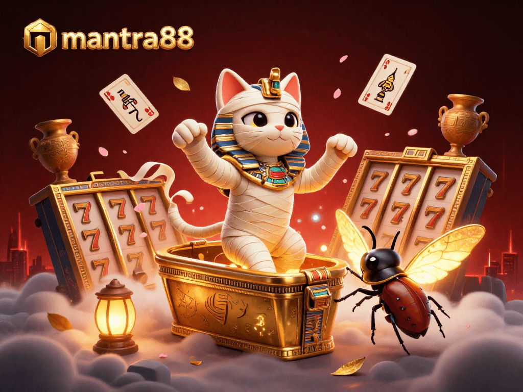 Experience excitement at mantra88 with a cartoon Egyptian mummy cat and slot reels in a vibrant casino scene.