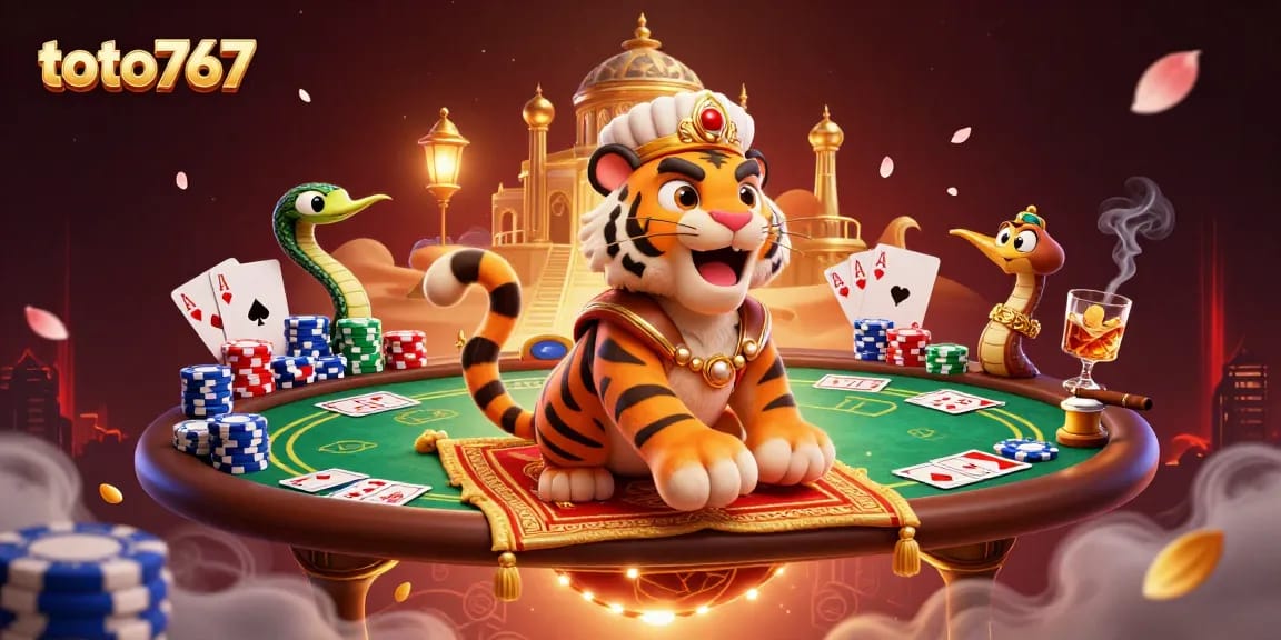 Mainkan berbagai permainan di toto767 dengan ilustrasi harimau sultan yang menghalangi karpet poker.