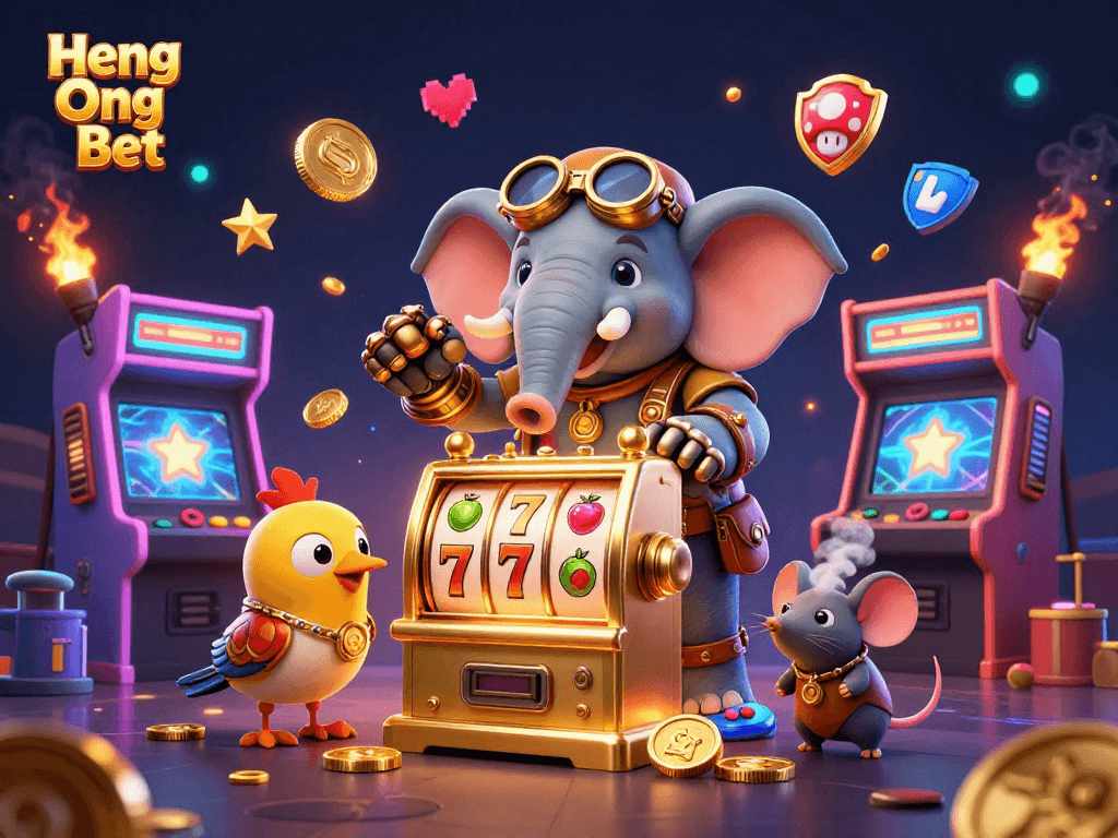 Spin the golden slots at Heng Ong Bet with a whimsical steampunk elephant engineer and vibrant game elements.