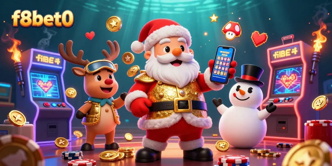 Experience thrilling gameplay at f8bet0 with a festive casino scene featuring Santa and friends.