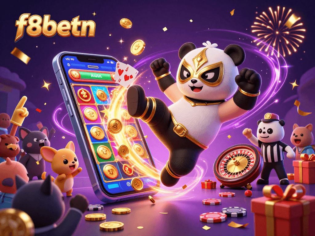 Experience fun at f8betn with a 3D panda wrestler kicking in a colorful casino scene.