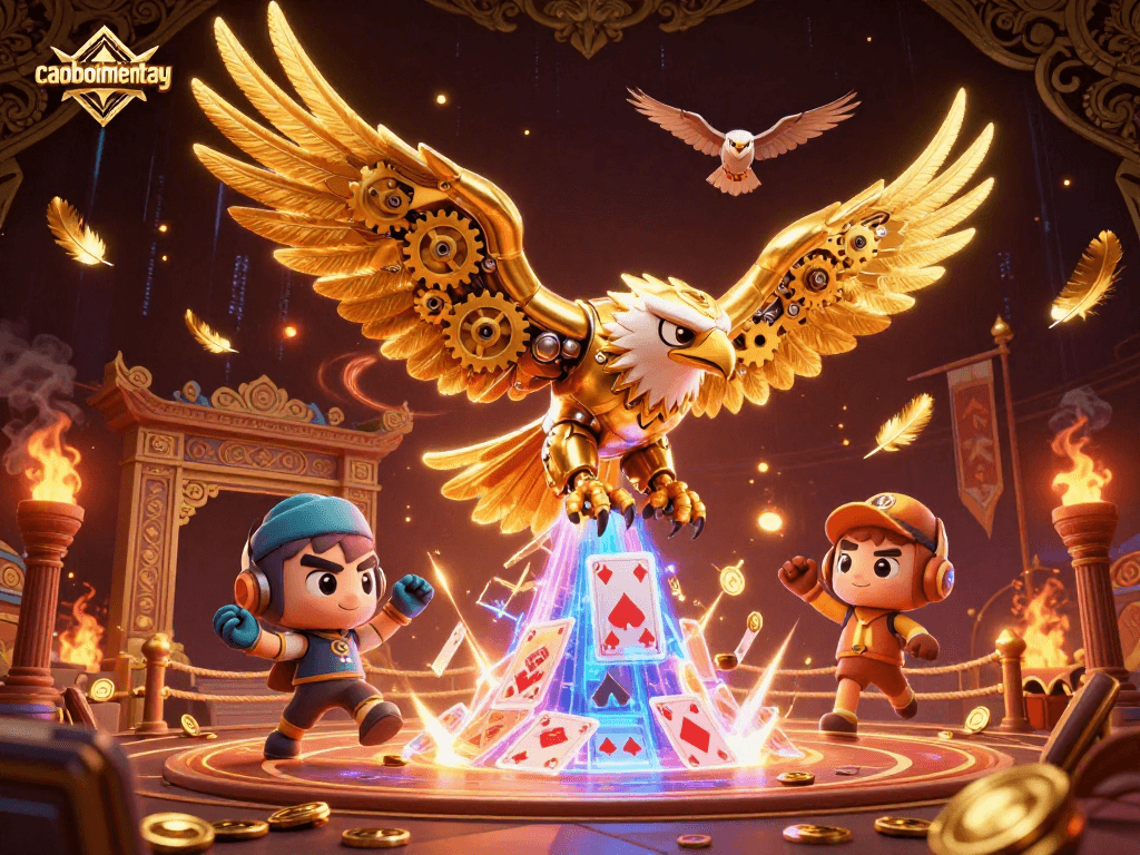 Engage in thrilling gameplay with caoboimientay, featuring golden eagle and playing cards.