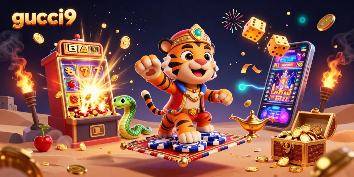 Win big with gucci9 at this vibrant casino scene featuring a tiger sultan and jackpot explosion!