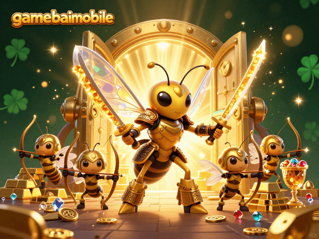 gamebaimobile launches an exciting scene with samurai hornet characters exploring golden treasures and casino elements.