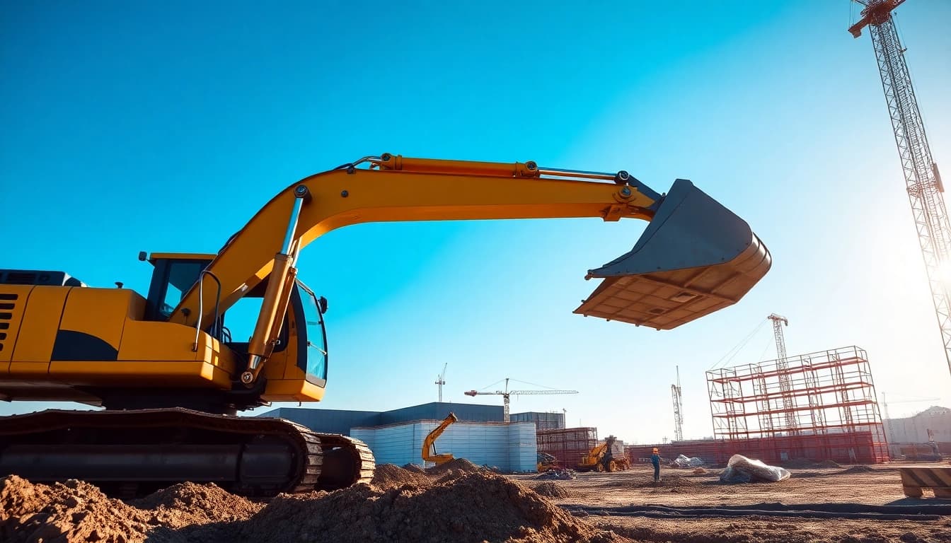 Excavator digging at a construction site with a clear blue sky.