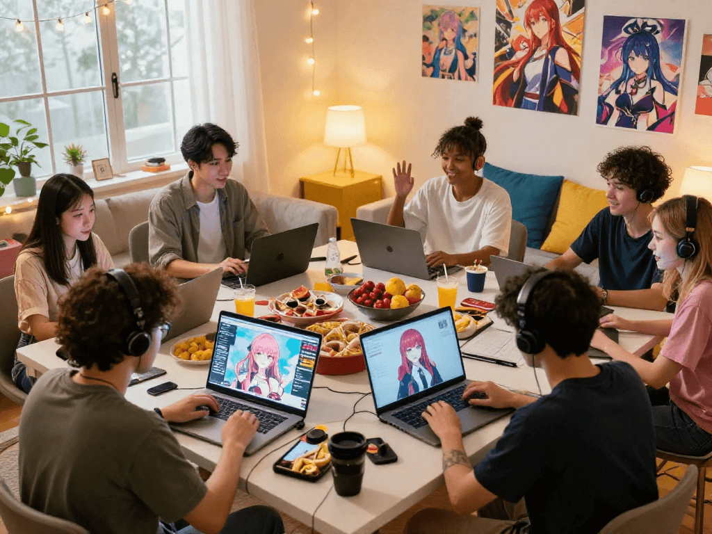 Engaging hentai chat scene with anime fans discussing characters in a cozy living room.
