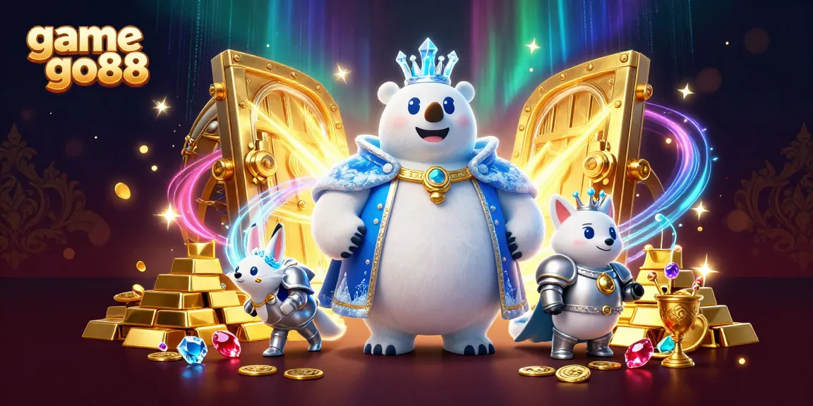 Engage with game go88's thrilling gaming adventure amidst treasures and characters in vibrant illustration.