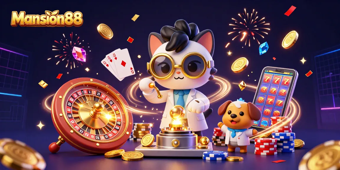 Mansion88 showcases an exciting 3D casino scene with cartoon characters and dynamic gaming elements, embodying thrill in gambling.