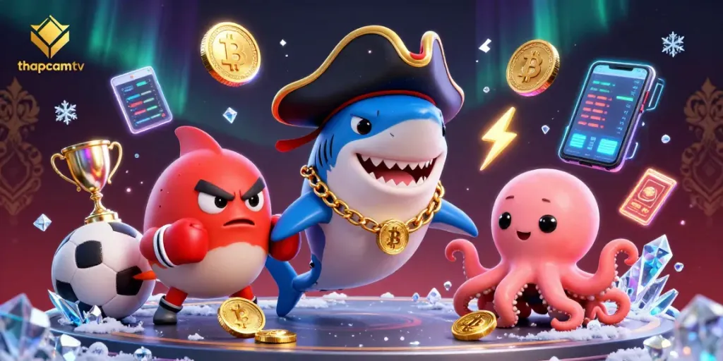 Witness thrilling sports betting action with thapcamtv's dynamic 3D cartoon characters amid vibrant casino elements.