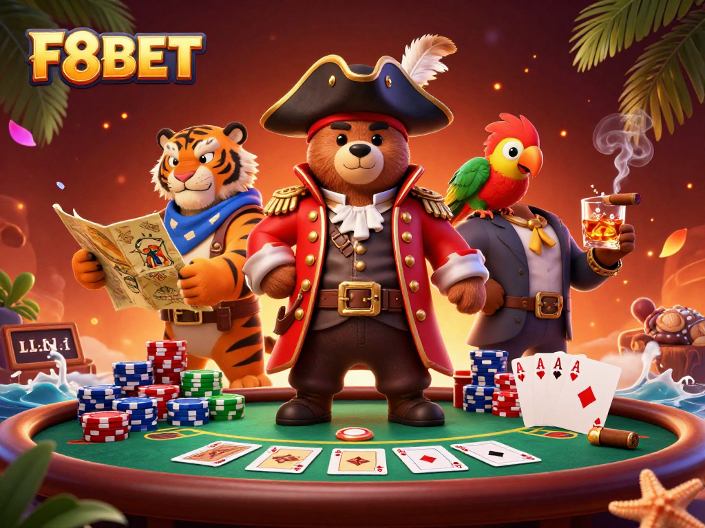 Experience thrilling gaming action with F8BET at a vibrant poker scene featuring a pirate bear, tiger, and parrot.