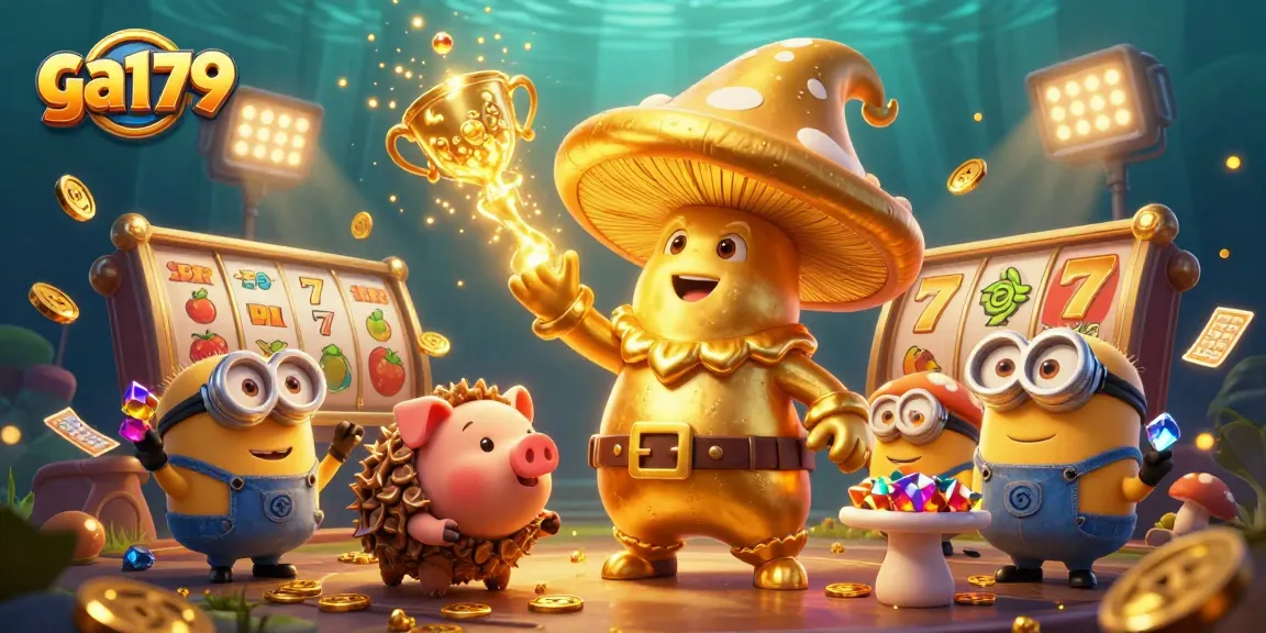Experience the magic of ga179 with slot reels, gold treasures, and a whimsical wizard.