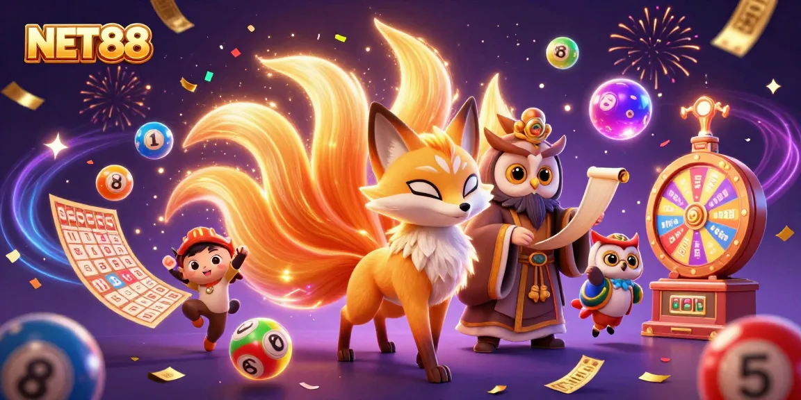 NET88 inspires excitement with a vibrant scene of a nine-tailed fox and wise owl amidst lottery elements.